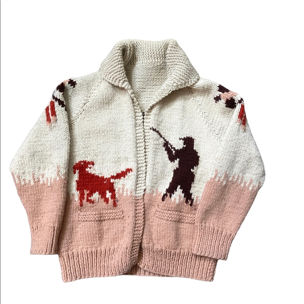 Vintage Cowichan Knitted Sweater Hunter with Dog Hunting Pheasants.